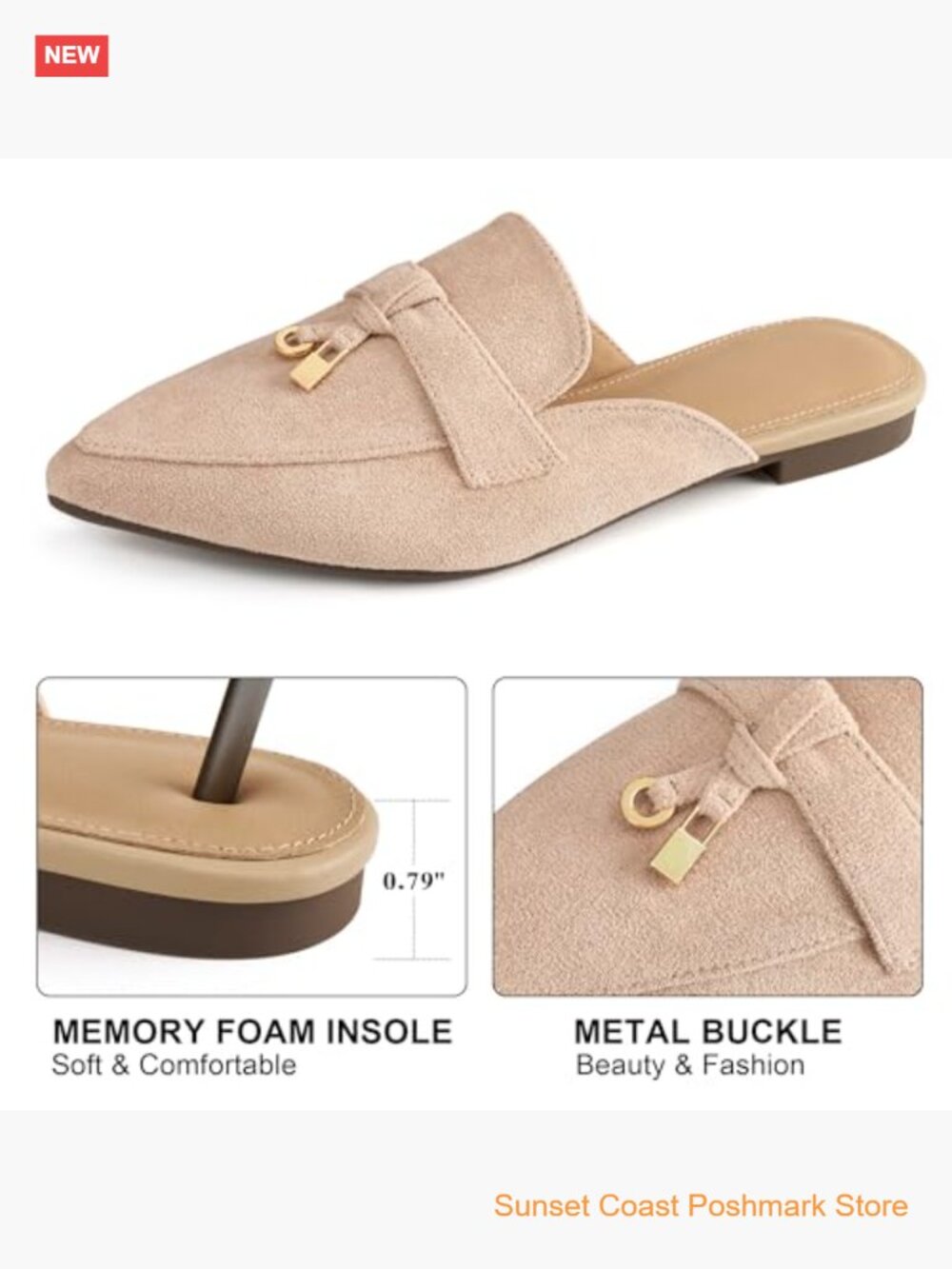 Pointed Toe Backless Loafers Mules with Metal Buckle Faux Suede Slip On Flats - Picture 5 of 7